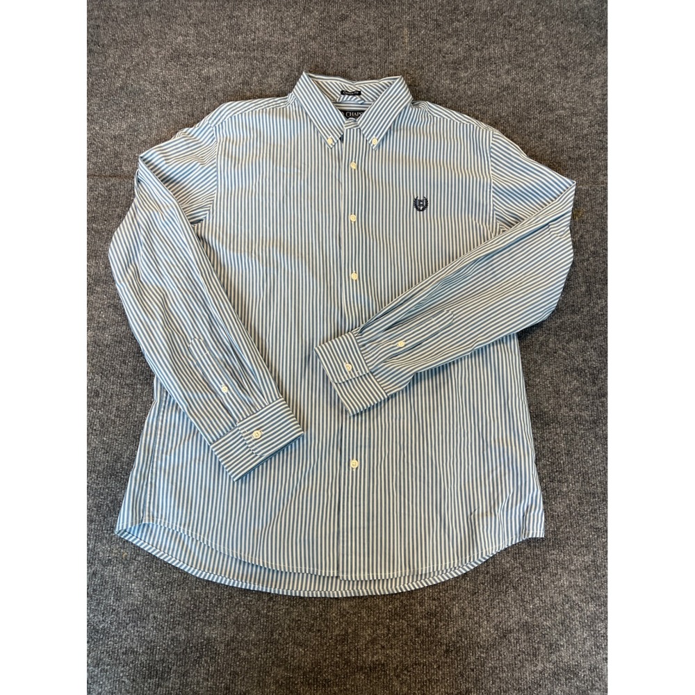Chaps Men's Large Blue White Striped Preppy 100% Cotton Button Down
